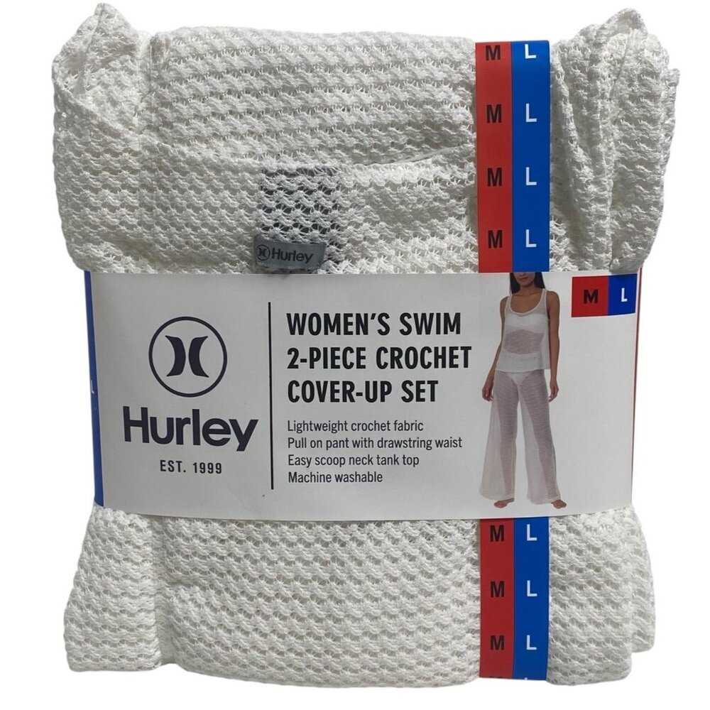 Hurley Womens M/L White Crochet 2 Piece Swim Cover Up Set Wide Leg Pants NWT